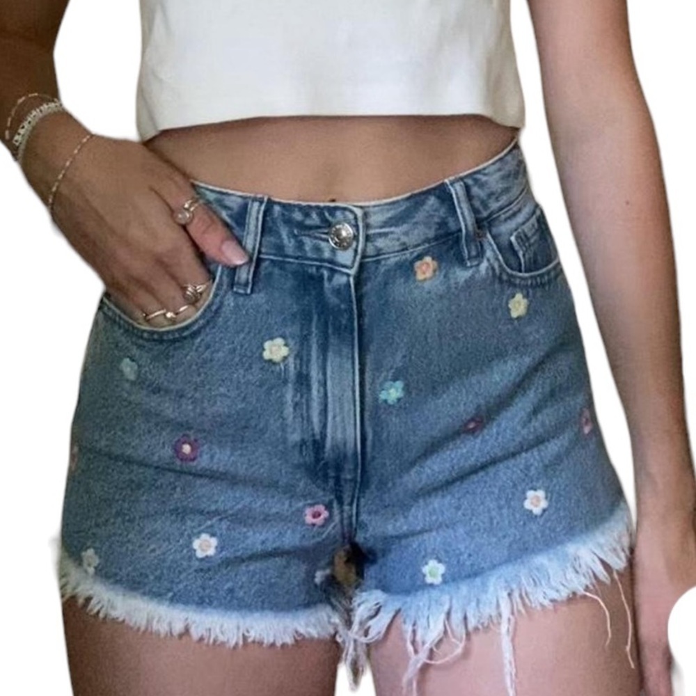 Pacsun High Rise Festival Distressed Denim Shorts Floral Embroidery New Sz 28